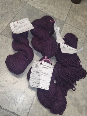 4 Skeins - Recycled Sweater Yarn Hand-dyed Plum Purple Yarn Skeins with Beads